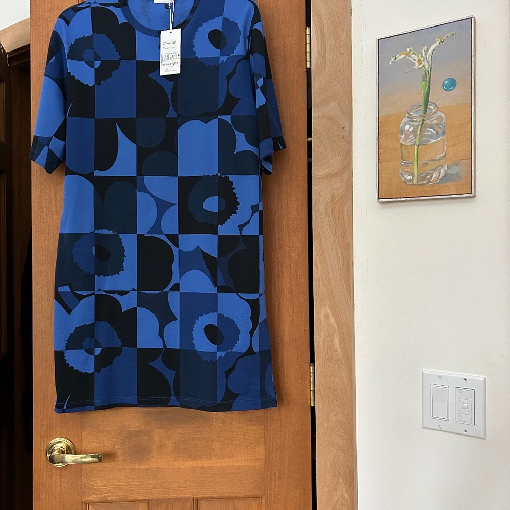 Marimekko Loiva Ruutu-Unikko Dress, NWT, S, Blue